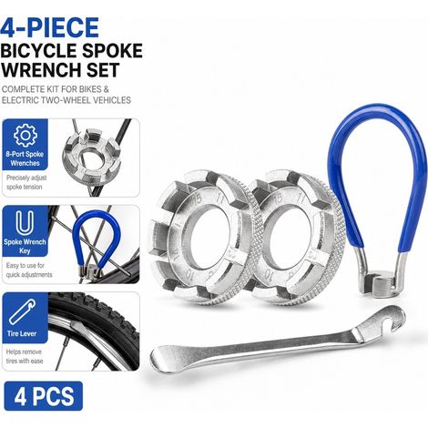 Ensemble d’outils de clés pour rayons de vélo : kit complet de 4 pièces avec des clés à rayons à 8 emplacements et un démonte-pneu pour vélos et deux-roues électriques (1/5)