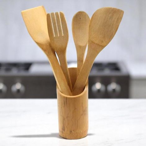 Lot d'Ustensiles de Cuisine en Bambou avec Pot (1/5)