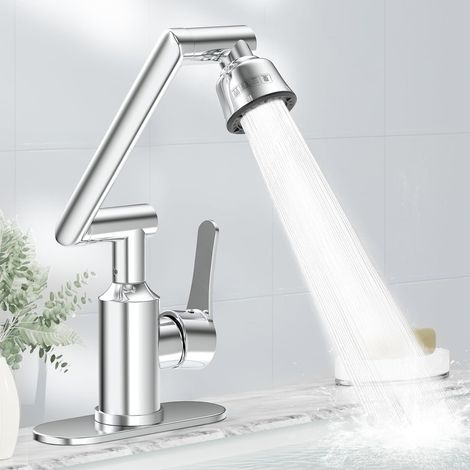 Robinet de lavabo FunnyAir en acier inoxydable, pivotant à 1080°, pour lavabo 1 ou 3 trous, style moderne, mitigeur avec flexibles eau chaude et eau froide, couleur argent. (1/5)