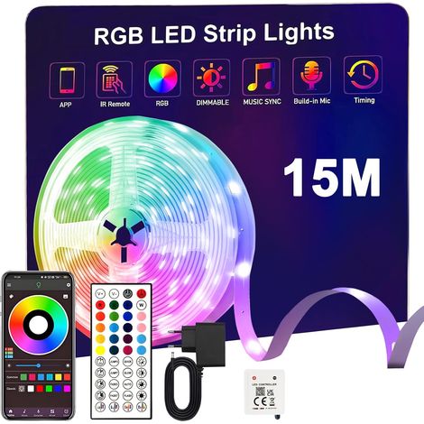 Ruban LED 15M RGB, Contrôle Bluetooth et Télécommande, Décoration Intérieure Maison Fête (1/5)