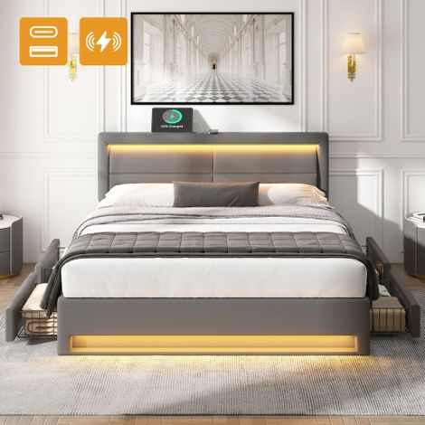 Polsterbett 140 x 200 cm, mit USB-Anschluss (unterstützt kabelloses und kabelgebundenes Laden), mit LED-Beleuchtung und vier Schubladen, ohne Matratze, PU-Litschi-Muster , Grau[OLD SKU:3256256AAG]