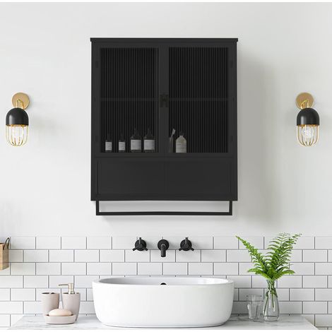 meuble rangement mural vitré 60 cm noir métal verre OKMYHOME (1/4)