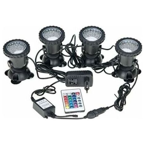 Spots sous marins étanches multicolores RVB pour aquarium avec télécommande pour bassin de jardin, aquarium, piscine, prise britannique (lot de 4 lumières)