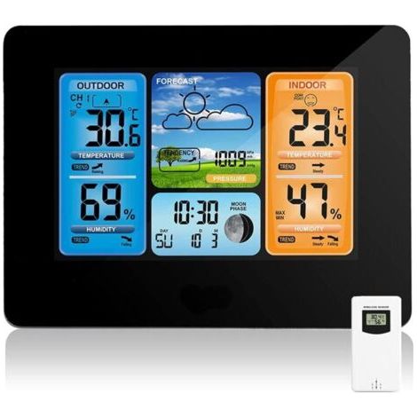Station Météo sans Fil Station Météo à Prévision Numérique des Couleurs avec Alerte et Température/Humidité/Baromètre/Alarme/Horloge Lunaire/Météo avec Capteur Extérieur (1/5)