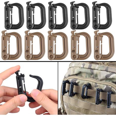 noir Mousqueton tactique d'alpinisme de type D à ouverture rapide, crochet tactique, mousqueton léger en plastique. Appuyer pour ouvrir le crochet du sac à dos. (1/4)