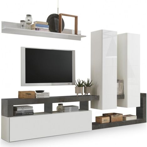 Set di mobili per soggiorno con contenitori, collezione BURA, bianco laccato/grigio antracite