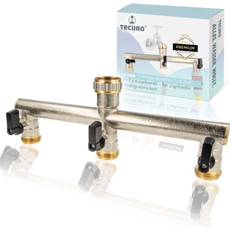 tecuro 3-Wege Verteiler 3/4 Zoll mit 3 x Kugelventil, für Zapfstelle, Messing vernickelt (1/5)