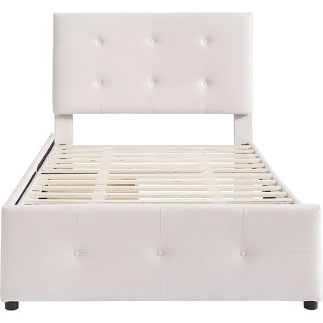 Cama tapizada 90 x 200 cm con somier, cabecero y 2 cajones, terciopelo beige HOMVRA (1/5)