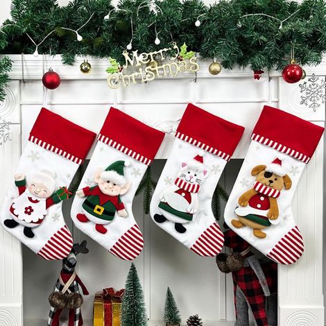 Chaussette De Noël - Motif Père Noël Bonhomme De Neige Renne Chat Chien - Décoration De Cheminée - 46 X 29 Cm - 1 Pièce (1/5)