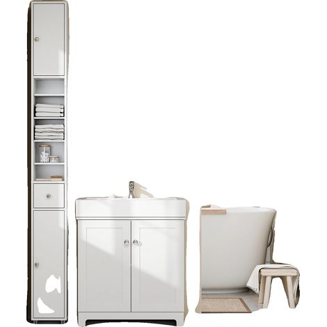 Mobiletto da bagno, design salvaspazio, ripiani regolabili, bianco (1/2)