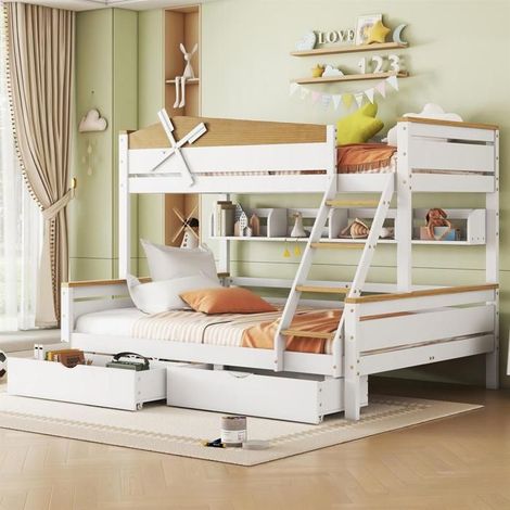 Lit superposé enfants - GUTENT - 90x200cm & 140x200cm - Bois MDF - Rangement intégré - Échelle sécurisée