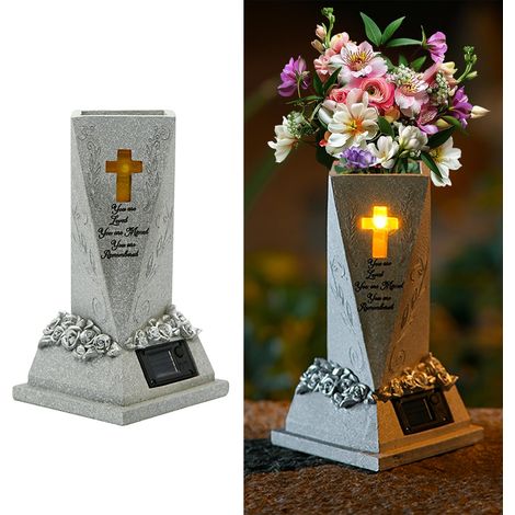 Vases solaires de cimetière pour tombe en résine de 22,9 cm avec trou de drainage et lampe solaire cruciforme pour cimetière, pierre tombale, cadeau commémoratif du jour des morts (vase) (1/4)