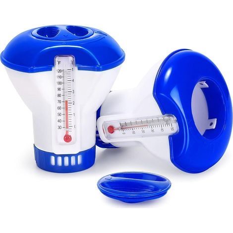 Diffuseur Flottant Piscine, 2 Pack Diffuseur de Chlore Flottant avec thermométre de débit Ajustables & Bouchon de Verrouillage pour Tous Les & Piscines, Spas, Aquariums & Lesétangs du Poisson (1/5)