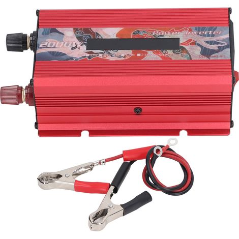 Convertisseur de tension 12V à 220V 2000W Onde Sinusoïdale, Panneau LCD, Dissipation Rapide, Ports USB 2.0, Prise Solaire, Rouge