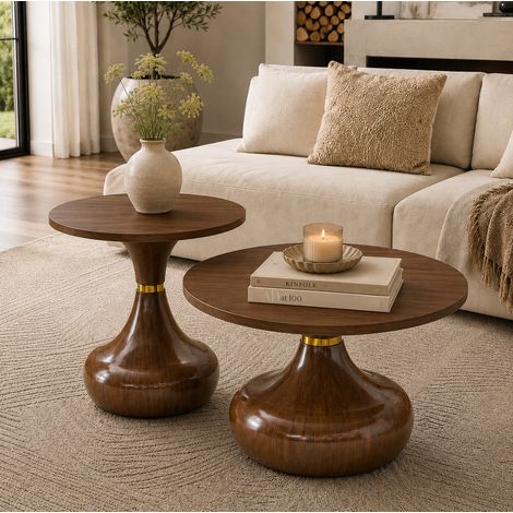 2er Set Couchtisch & Beistelltisch im Walnuss-Look – Moderne runde Sofatische mit stabilem Sockel, Ø 70 cm & Ø 50 cm, Melaminplatte mit Holzoptik, für Wohnzimmer, Schlafzimmer und Lounge (1/5)