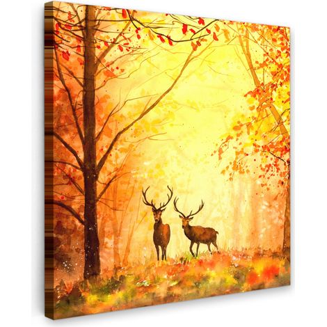 TABLEAU SUR TOILE Nature - Couleur à l'huile - Cerf - Animaux - Automne - Orange Tableau Chambre Adulte 90x90 cm