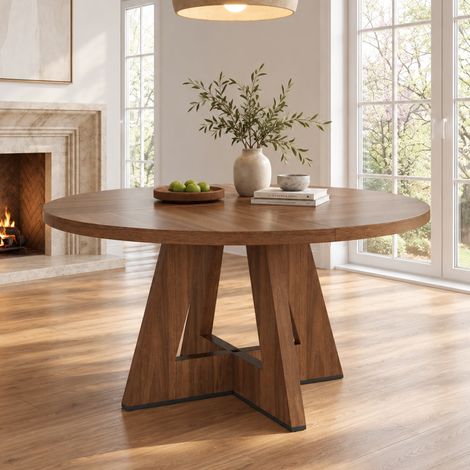 Table de salle à manger ronde, 120 x 120 cm, pour 4 à 6 personnes, design classique, style minimaliste scandinave, couleur noyer (chaises non incluses) (1/5)