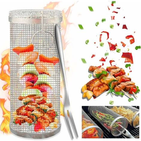 Panier à griller pour barbecue, panier à griller de 30 cm de haut, panier à griller en acier inoxydable, panier à griller à roulettes, panier à griller cylindrique, panier à griller pour barbecue (1/5)