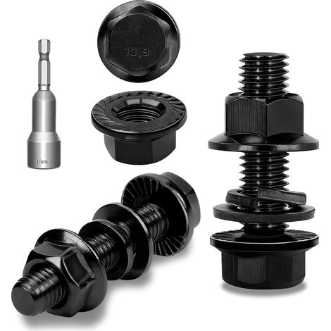 Lot de 12 vis à tête hexagonale M8 x 30 mm avec bride en acier au carbone noir DIN 6921 à six pans extérieurs, rondelles, rondelles et écrous/vis avec douille hexagonale (1/5)