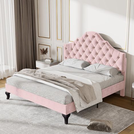 Lit rembourré 140 x 200 cm avec sommier à lattes et tête de lit réglable en hauteur, pour adultes et adolescents, support à lattes en bois, montage facile, velours, rose (1/5)