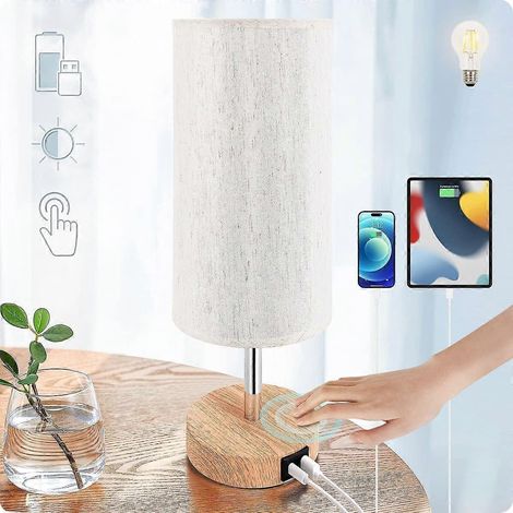 Lampe de chevet avec commande USB, lampe de table en bois à 3 niveaux d'intensité, pour chambre à coucher. (1/4)