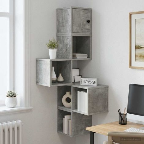 Étagère d’angle murale 7 compartiments en bois d’ingénierie gris béton 48 x 48 x 120 cm - PANGIVO (1/5)