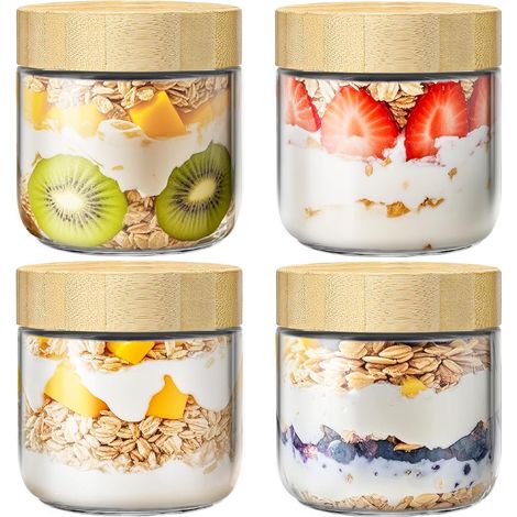 Ensemble de 4 bocaux en verre de 10 oz pour l'avoine pendant la nuit (avec couvercle en bambou), bocaux en verre avec couvercle hermétique (idéal pour la préparation des repas), bocaux de conservation (1/5)
