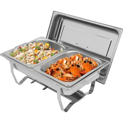 Chauffe-plat pliant professionnel en acier inoxydable - 6 l - Rectangulaire - Avec couvercle - Avec poignées - Pour restaurant, restauration, fêtes et mariages - Argenté (1/5)