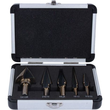5-piece HSS step drill bit set, conical drill bit, step drill bit kit, power tool with storage box (1/4)