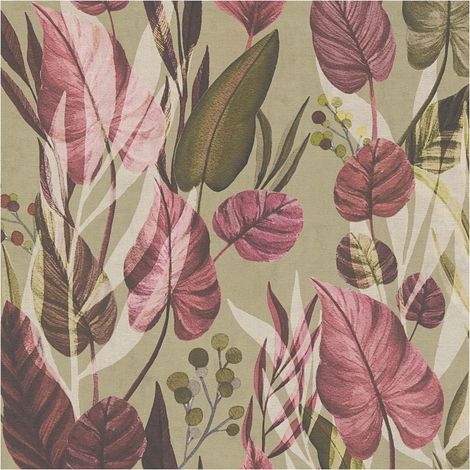 Papel pintado naturaleza Profhome 782192 papel pintado vinílico estampado en caliente tejido non tejido liso con ornamentos florales mate oliva rosa pardo oliva blanco crema 5,33 m2 (1/5)