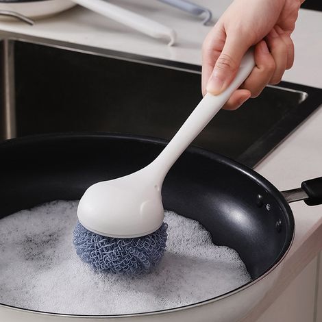 Brosse pour Cuisine Professionnelle - Longue Manche Polyester - Brosse à Vaisselle pour Plats, Pots et Évier - Poignée Anti-Dérapante et Panier Démontable - Blanc, PP, 85g, Lot de 1 (1/5)