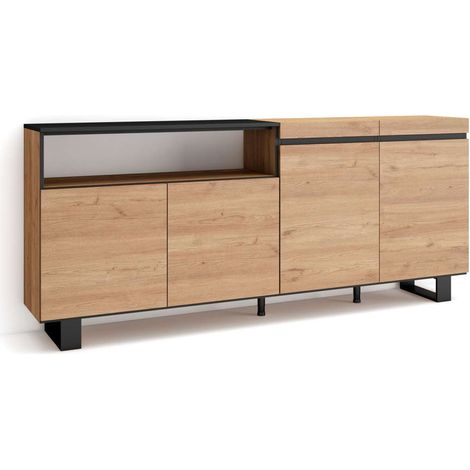 Aparador Adamuz de 200x87x35 cm con 4 puertas, diseño industrial, color roble y negro (1/4)