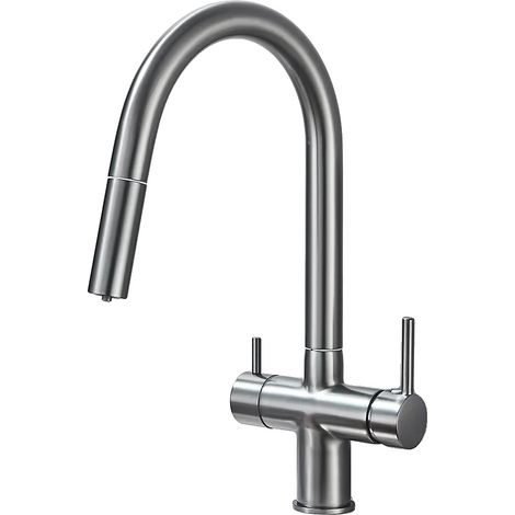 Rubinetto da cucina con doccetta estraibile e doppia maniglia, colore grigio. (1/2)