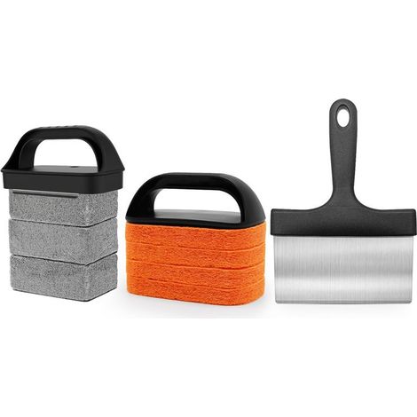 Kit de nettoyage pour plancha comprenant une pierre à griller, un grattoir et une brosse pour éliminer facilement les taches. (1/5)