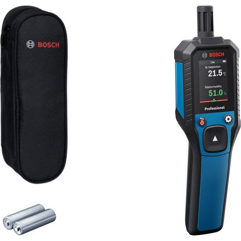 Termohigrómetro GDH 1-17 de Bosch Professional (lecturas en tiempo real, pantalla LCD a color de alto contraste, clasificación IP65, carcasa de goma, 2 pilas AA, bolsa)