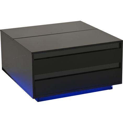 Table basse carrée 70 x 70 x 38 cm avec plateau relevable, LED intégrée, tiroir et rangement caché, finition laquée noire (1/5)