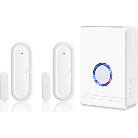 Sonnette Entrée Magasin,Carillon sans Fil,1Récepteur 2 Émetteur  Alarme Porte et Fenetre,Portée 200M/600FT,48 Sonneries,Indicateur Bleu LED/Mode Silencieux ,Pour Maison,Commerces,Bureaux (1/5)
