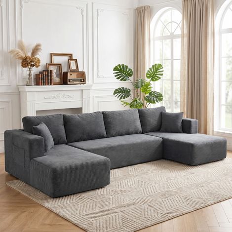Canapé Modulaire en U 4 Places, 2 Méridiennes, Canapé 2 Places, 6 Coussins, Sans Montage, 369 x 152 x 78 cm, Gris (1/5)