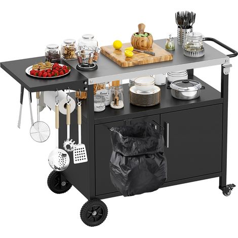 Carrello da griglia con ripostiglio da cucina da esterno con piano Armadietto 2 porte Nero (1/4)