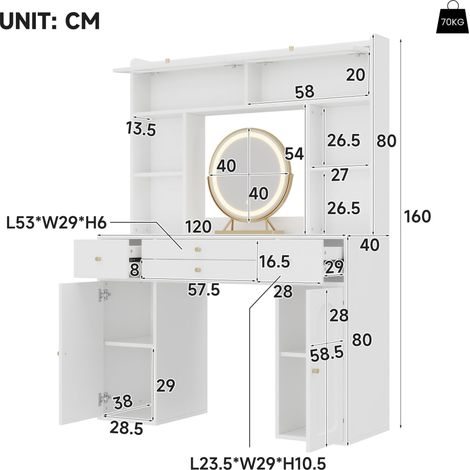 Coiffeuse LED avec miroir et éclairage, dotée de 4 tiroirs, 4 étagères ouvertes, 2 compartiments de rangement intégrés et 2 portes vitrées avec espace de rangement, pour la chambre à coucher, blanche, (1/4)