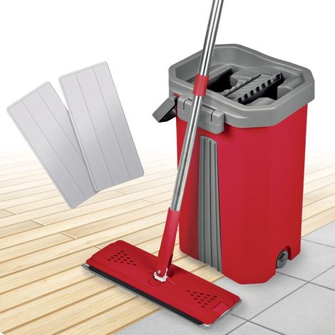 Balai serpillère plat 360° avec seau essoreur – Tête rotative et raclette EVA – 2 lingettes microfibres réutilisables incluses – Liseré Vert