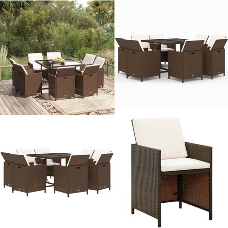 Set Divani da Giardino 9 pz con Cuscini in Polyrattan Marrone - Sedie da giardino - Tavolo da giardino