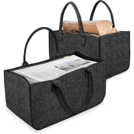 2X sac en feutre, Pliable panier buche transportable polyvalent et grande taille Avec anses Pour bois de cheminée, journaux et boutique, Gris foncé (1/4)
