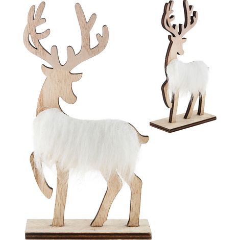 TG68651-1 RENNA IN LEGNO CON FIGURINA IN PELLICCIA, DECORAZIONE NATALIZIA