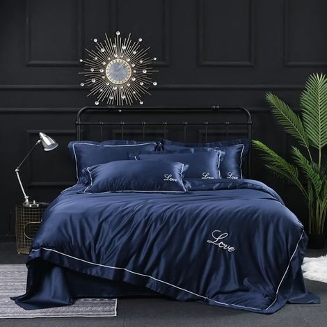 Parure de lit - Soie glacée - 4 pièces - Bleu - Housse de couette 220x240cm - Douceur exceptionnelle (1/4)
