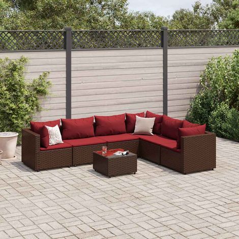 7-tlg. Garten-Lounge-Set mit Kissen Braun Poly Rattan