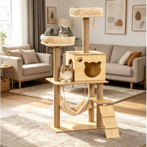 Arbre à chat en bois tendre avec plusieurs plateformes et accessoires 60x40x130 cm beige et marron (1/5)