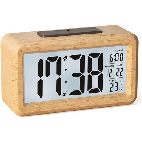 Reveil Numerique, Reveil Matin a Piles en Bois avec Grand écran LCD, Horloge Numérique avec Rétroéclairage, Date, Température, Capteur de Lumière Automatique, Snooze (3 Piles AAA Incluses) (1/5)