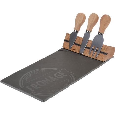 Käseplatte Set aus Schiefer und Bambus 4-teilig - 30 x 15 cm - Servierplatte inklusive Besteck und Magnet Halterung - Schieferplatte Käsebrett Buffet Platte mit Käsemesser lebensmittelecht