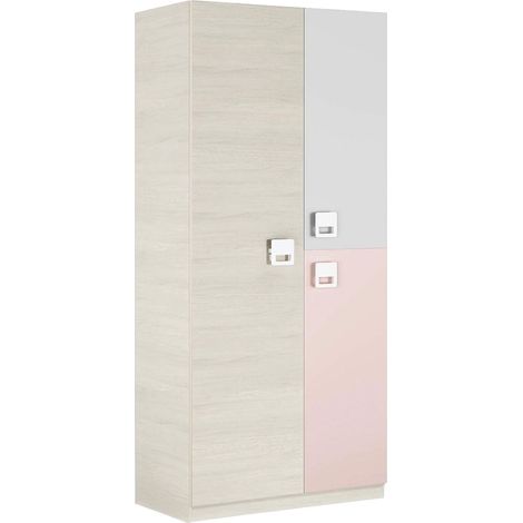 Armadio Giovanile A 3 Ante Armadietto Per Cameretta Ragazzi Con Barra Appendiabiti E 3 Ripiani Mobile Camera Design Moderno Salvaspazio 200 x 52 x 90 Cm Bianco Alpi, Grigio E Rosa